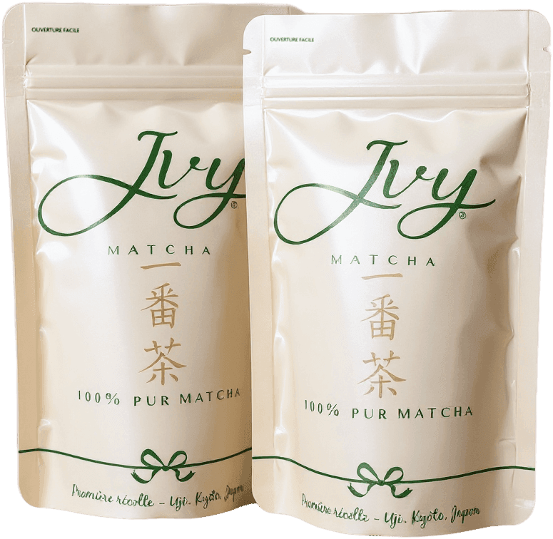 Deux sachets Ivy Matcha de 30 g côte à côte